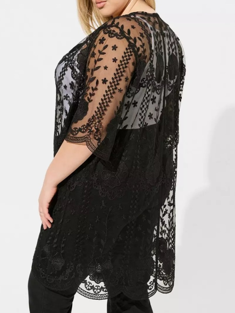 Torrid Black Lace Kimono Duster Sheer Floral Crochet Overlay 1/2 - Picture 2 of 5
